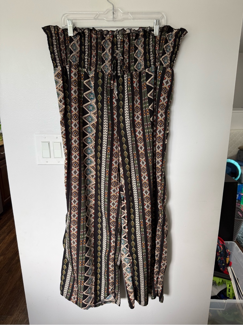 Smocked Wide-Leg Pants in Black Tribal Print